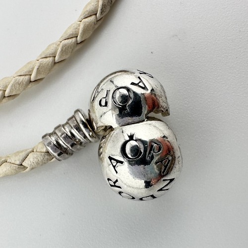 Pandora 925 Sterling Silver Cream Braided Leather Wrap Charm 13” Bracelet - Picture 7 of 8