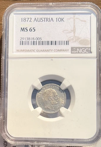 1872 Austria Silver 10 Kreuzer Joseph I MS-65 NGC MS 65 Gem BU