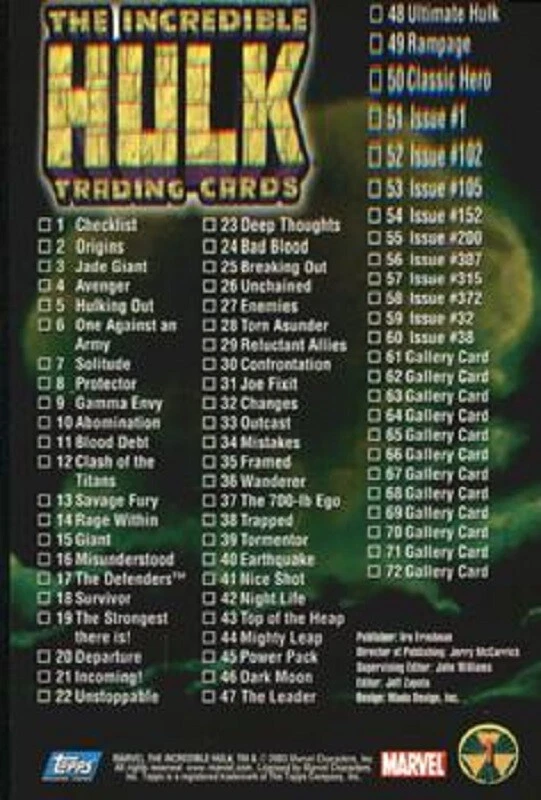 THE INCREDIBLE HULK BASE / BASIC CARDS 1 TO 72 by TOPPS 2003 CHOOSE - Image 2 of 4