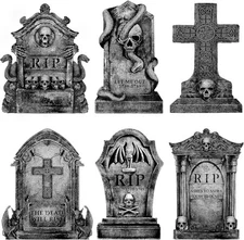 Graveyard Halloween Decorations Outdoor Tombstones: 6ct Large, Stone Grey 