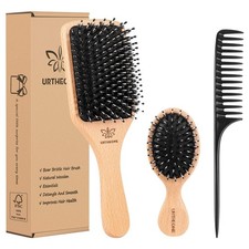 Bristle Hair Brush and Comb Set for Women Men Kids, Best Natural Wooden Paddle