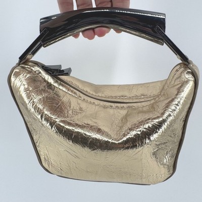Zara Mini Bucket Handbag Womens Small Gold Metallic Crinkled Hobo Metal Handle