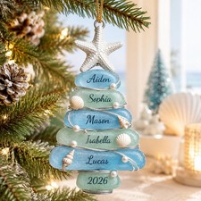Custom Sea Glass Tree 2026 Ornament, Beach Family Christmas Decor, Personalized