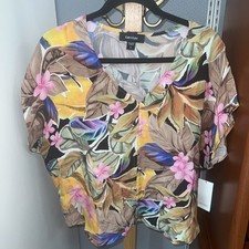Karen Kane Tropical Floral Kimono Top Kaftan Blouse Shirt Cupro Womens L Boho