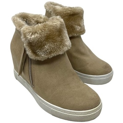Y2K Style Brash Tan Faux Fur Ankle Wedge Sneakers Zip-Up Boots Women s Size 6