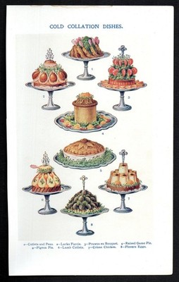 KALTE SAMMLERGESCHIRR - KOCHEN - MRS BEETON 1907 CHROMOLITHOGRAPHIE