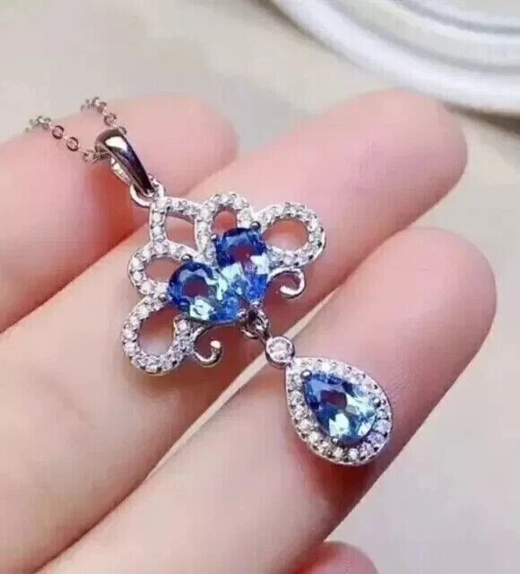 3Ct Pear Cut Simulated Blue Topaz Women's Pendant Chain In 14k White Gold Plated - Image 3 of 4