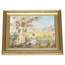 PAINTING PRINT GOLDEN FRAME''PICKING FLOWERS''BY ALFRED GLENDENING JR. 42X52 CM
