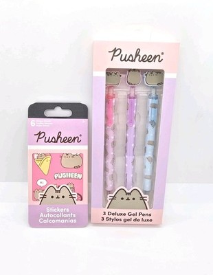 Pusheen Kawaii Deluxe Gel Pens & Mini Sticker Pack Of 6 Sheets! New! Bundle Set