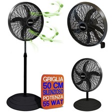 Ventilatore 3in1 Piantana Muro e Tavolo Base Tonda Antiribaltamento Griglia 50cm