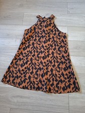Shein Tan & Black Abstract Silky Flared Dress Back Neck Tie Boho Holiday UK16