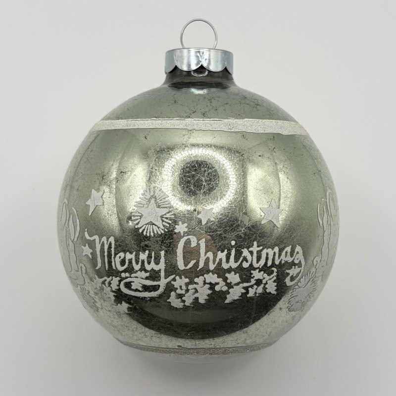 Vintage Merry Christmas Stencil Glass Christmas Ornament 3.5” Made In USA