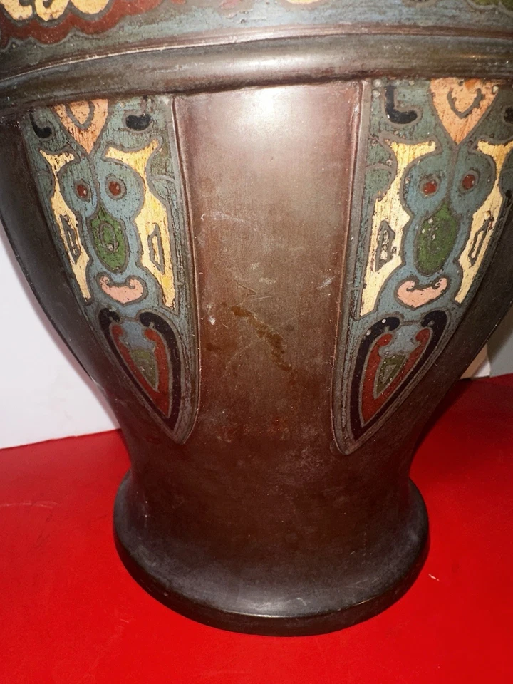 Gran incensario chino de bronce esmaltado Champleve ~ jarrón siglo XVIII marca Xuande Foto 3 de 4