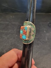 VTG 1970s Handcrafted Tibetan Nepali Ring Turquoise Red Coral inlay size 8.75