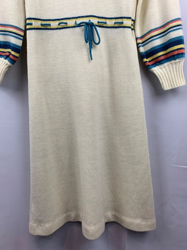 Vintage Cream Knit Dress With Striped Sleeves & Turtleneck - Image 3 of 4