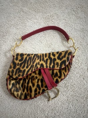 Vintage Christian Dior Leopard Print Saddle Bag Pony Hair with Red Leather Strap