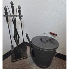 Vintage Black Wrought Iron Fireplace 5 Tool Set w/Holder & Ash Bucket with Scoop