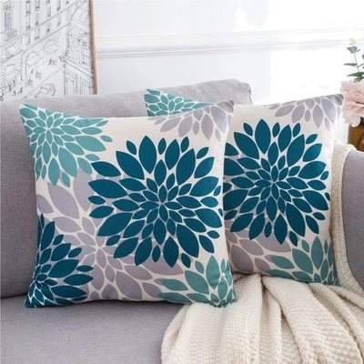 Kissenbezug Leinen 45x45 Blumen Muster 2er Set Sommer Wohnzimmer Garten - Bild 1 von 4