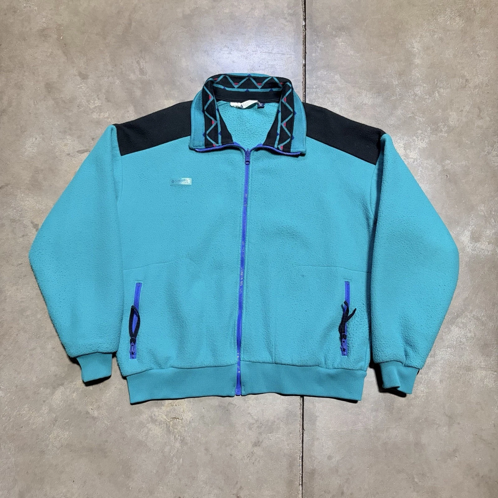 Vintage Columbia Sportswear Fleece Jacket Men XL Teal Zip Aztec Ski Outdoor USA