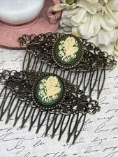 Pair Bronze Barrette Jewelry Hair Combs Cameo Lily Of Valley Green Wedding Gift