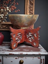 Vintage Chinese Brass Dragon Bowl with Carved Wooden Stand