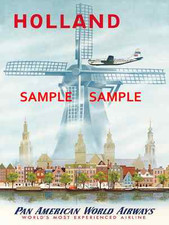 1951 Pan Am Holland Dutch Windmill Travel Poster Pan American 11 x 17