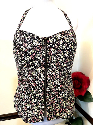 American Rag Halter Top Plus Size 2X Floral Front Zipper Smocked Back Pin Up