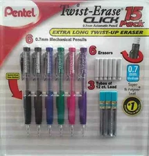 Pentel Twist-Erase Click Automatic Pencil Set 0.7mm Long Eraser Refills, 15 Pack