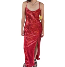 1970's L.A. GLO 9/10 Red Sequin Column Party Gown Spaghetti Strap Dress Used