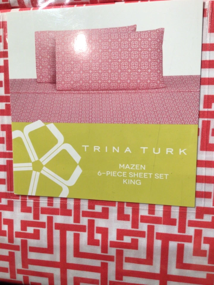 Juego de Sábanas Trina Turk 6 Piezas Mazen KING Diseño Geométrico Coral y Blanco NUEVO Foto 4 de 4