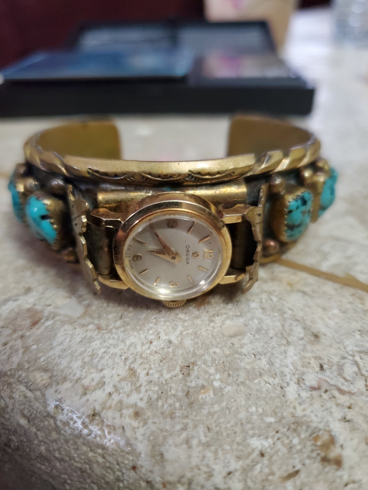 RARE EXQUISITE OMEGA 14K Genuine Turquoise Brass Cuff WRISTWATCH 6.5" 53.7 g image 2