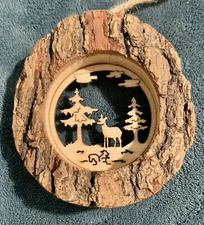 AWESOME THICK TREE SLICE WITH BARK ORNAMENT! CENTER SCENE WITH LASER DEER!