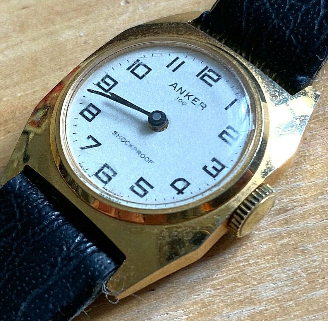 Vintage Anker 100 Lady Gold Tone Germany Leather Hand-Wind Mechanical Watch Hour