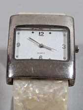 White Dial Silver Tone Rectangle Case Hinge Bangle Band Watch