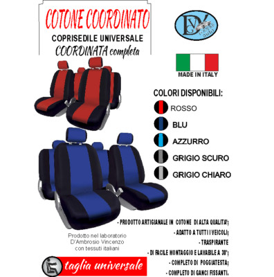 Universal Autositzbezüge Komplettset Baumwolle abgestimmt 100% Made in Italy