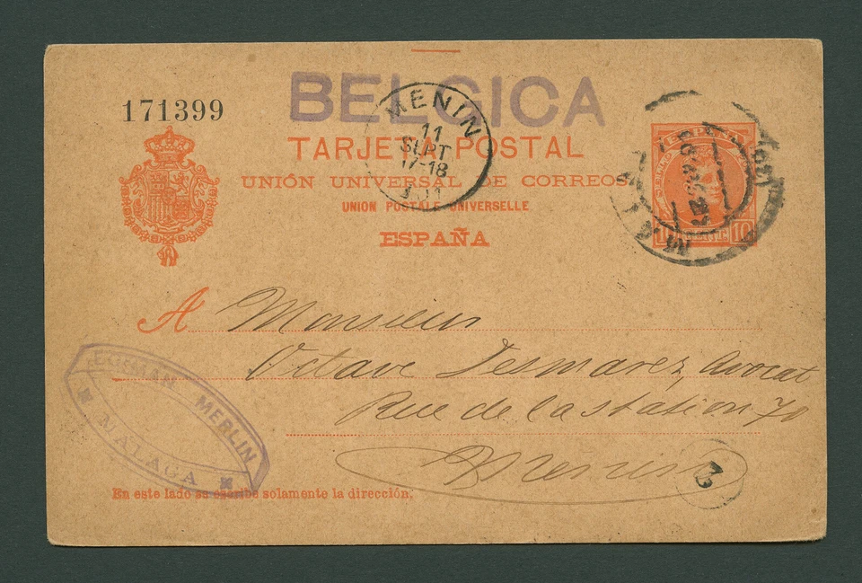 Spanien Espana 1901 Postkarte TARJETA POSTAL 10 Cs Malaga to Belgica Belgien - Bild 1 von 2