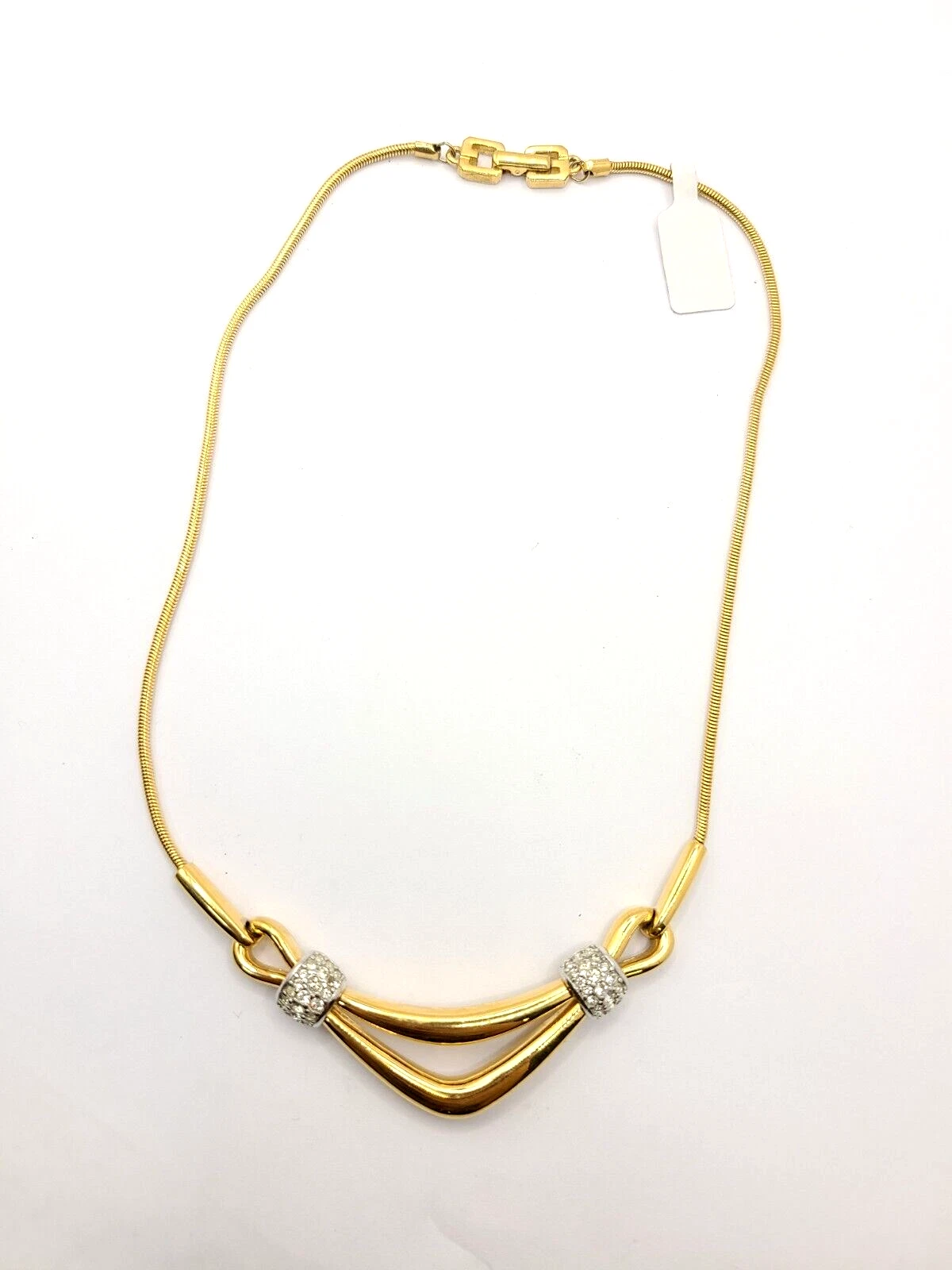 Collana Vintage Givenchy 1977 Placcata Oro Strass Trasparenti