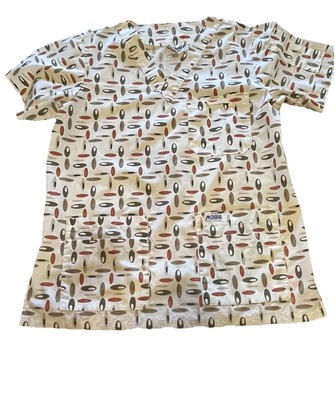 MODD RETRO Scrub Top Geometric Smock Vintage Small Pockets V Neck Short Sleeve