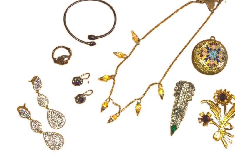 Vtg Deco Inspired Jewelry Lot silver,rhinestones,Czech Iris glass