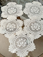 5 VINTAGE WHITE POLYESTER LACE SMALL  TABLE MATS/DOILIES ~ 8" ROSE DESIGN