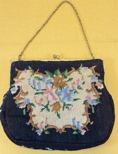 Vintage 40s-50s Floral Petit Point Needlepoint Black Purse Handbag Coin Purse