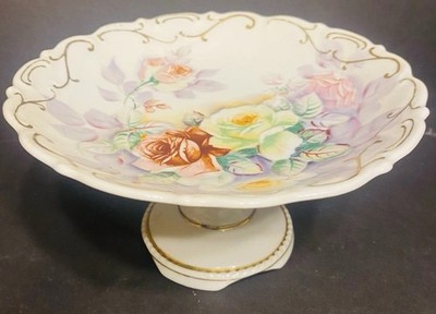 Kalk Porcelain Pedestal Bon Bon Candy Dish Hand Painted Roses #7441 Germany
