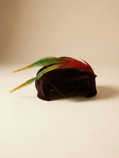 Vintage 1940s Brown Velvet Half Hat with Dramatic Feather Plume  Sculptural