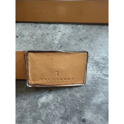Trussardi Tan Leather Plaque Buckle Belt Made in Italy Size 85 C06536781