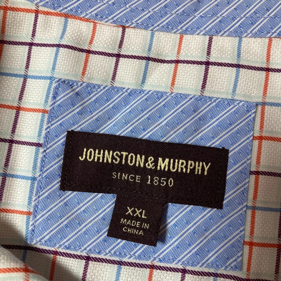 Camisa Johnston & Murphy XXL Algodón Cuadros Azul Naranja Rejilla Informal Estilo Clásico Foto 3 de 4