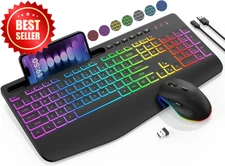 Wireless RGB Keyboard Mouse Combo w/ Backlit, Wrist Rest, Phone Holder