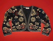 VTG 1980s Laurence Kazar Sequin Beaded Black Raw Silk Cropped Jacket Bolero Sz M