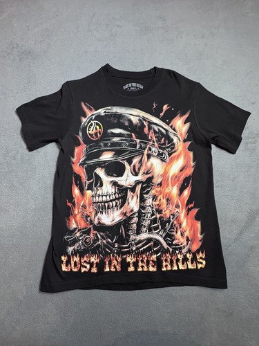LOST IN THE HILLS FLAMING BIKER SKELETON MENS BLACK TSHIRT SMALL DESIGNER