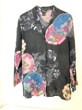 Citron Silk Blouse Small California Flowers Butterflies Tunic Length Ornate Asia