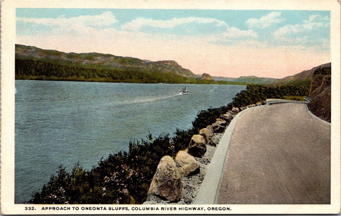 Antique Postcard Approach to Oneonta Bluffs Columbia River Highway Oregon